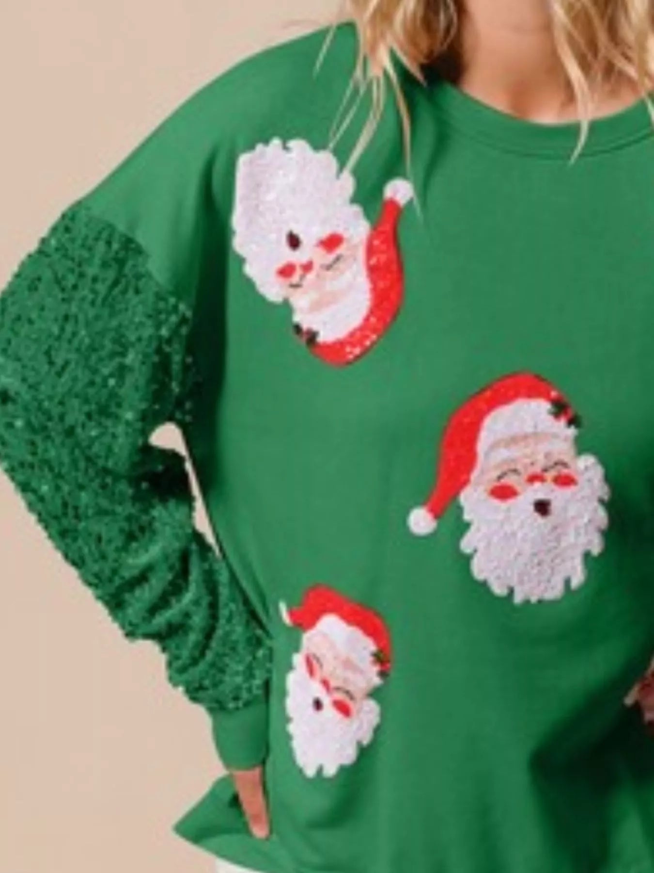 Long sleeve sweatshirt with sequins, perfect for holiday gatherings and casual wear.