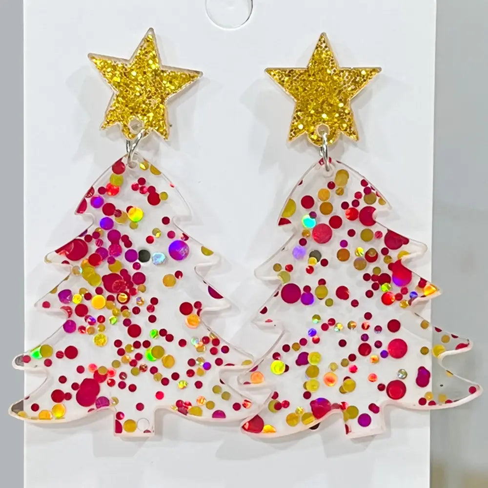Pair of festive acrylic dangle earrings shaped like Christmas trees with red, gold, and glitter accents.