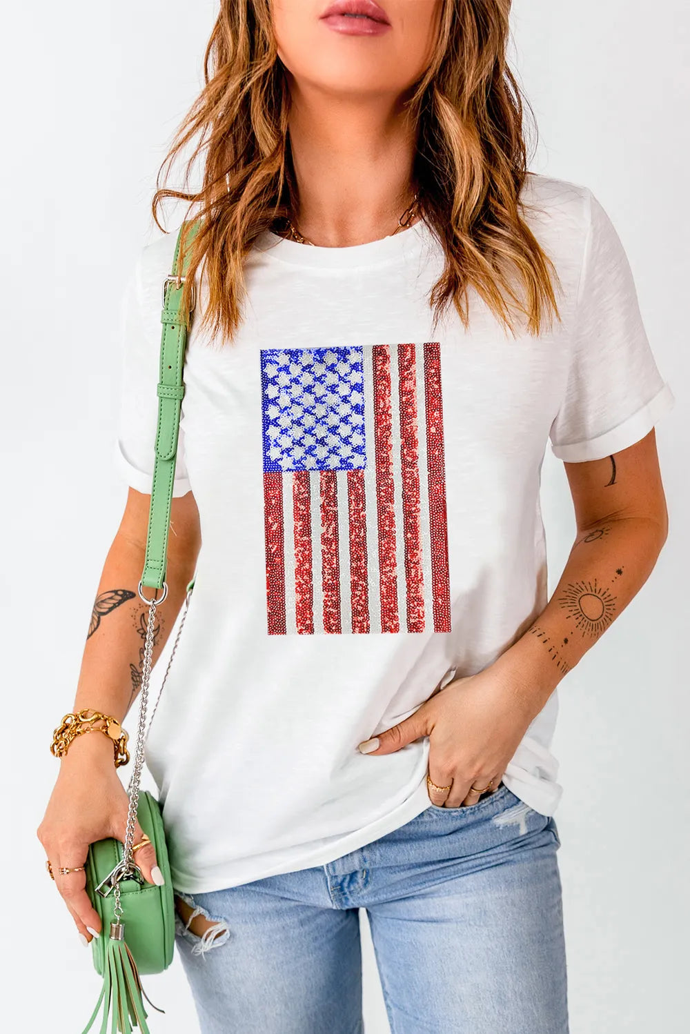 Cotton blend short sleeve T-shirt with US flag print and round neck in various sizes