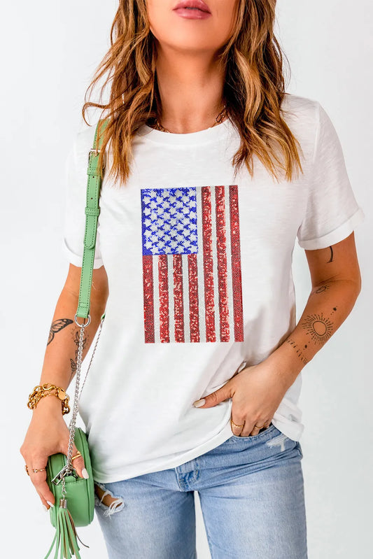 Cotton blend short sleeve T-shirt with US flag print and round neck in various sizes