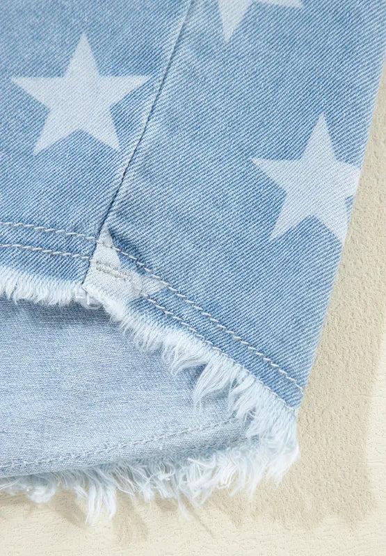 Denim top with a raw hem and star collar, made from a cotton blend.