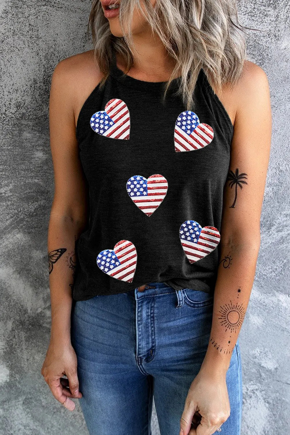 Sheer tank top with sequin heart design and US flag pattern in stretchy fabric.