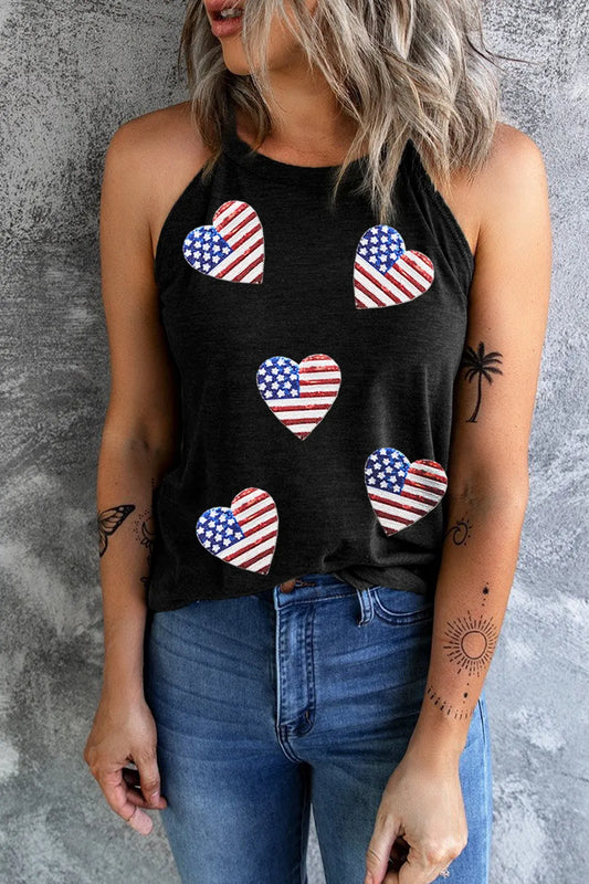 Sheer tank top with sequin heart design and US flag pattern in stretchy fabric.
