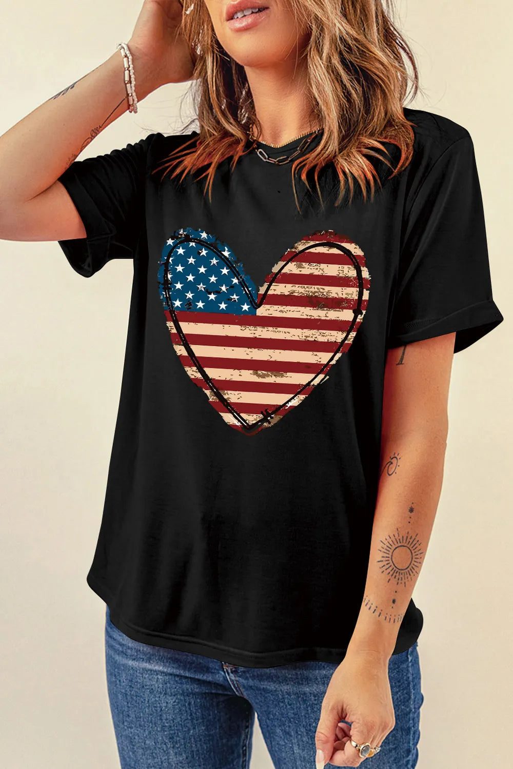 Cotton blend short sleeve T-shirt with stars and stripes heart design in basic style