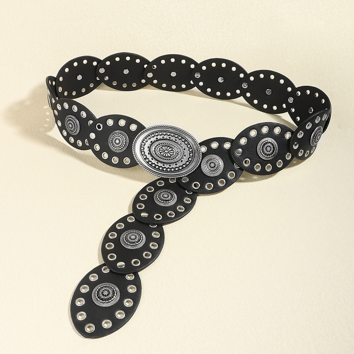 Black oval PU leather belt with silver buckle and circular cutouts.