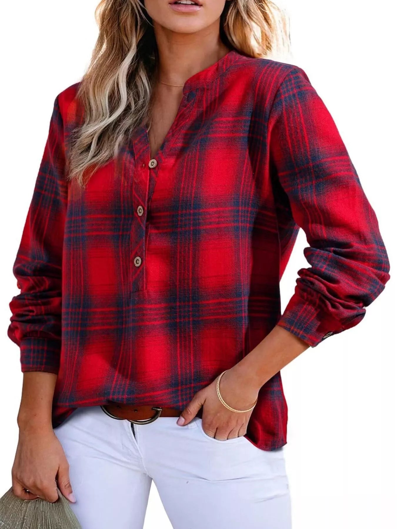Plaid long sleeve blouse with half button front in polyester blend fabric