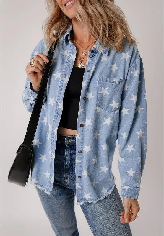 Denim top with a raw hem and star collar, made from a cotton blend.