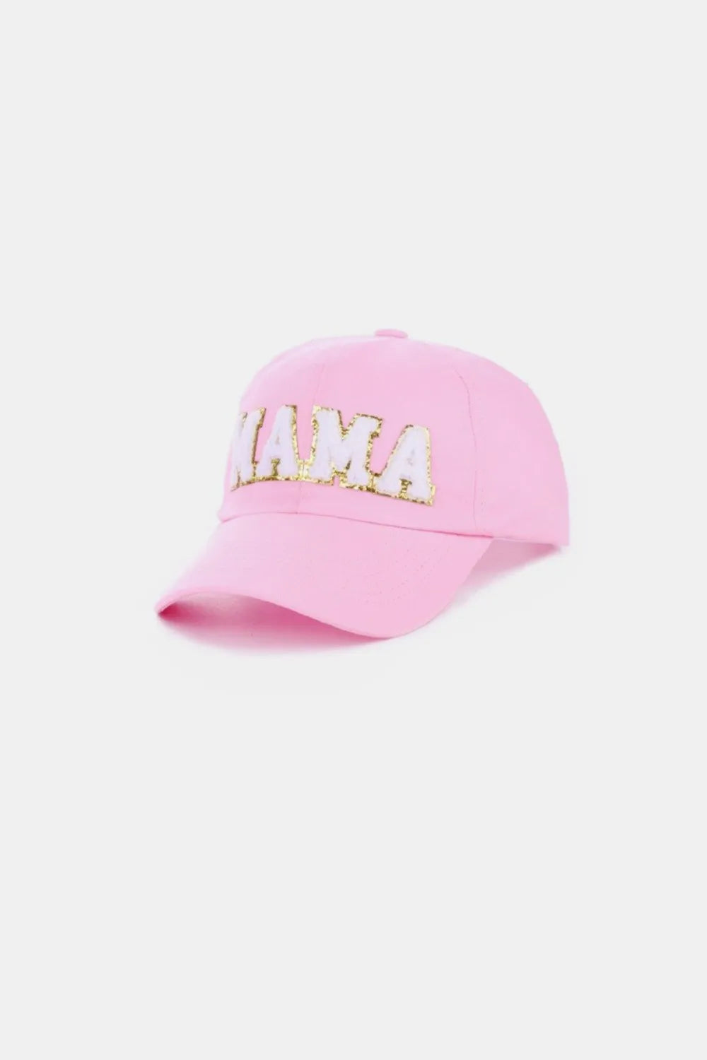 Pink washed cotton baseball cap with white chenille "MAMA" patch.