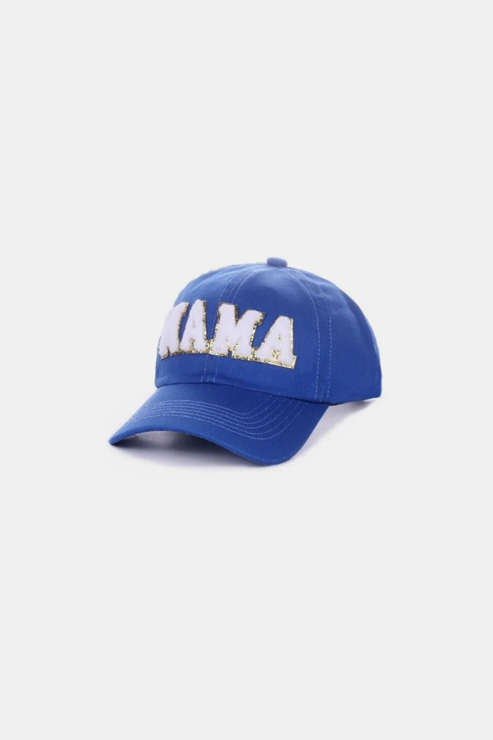 Blue washed cotton baseball cap with white chenille "MAMA" patch.