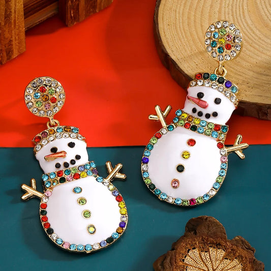 Pair of 18K gold-plated snowman drop earrings with colorful zircon accents.