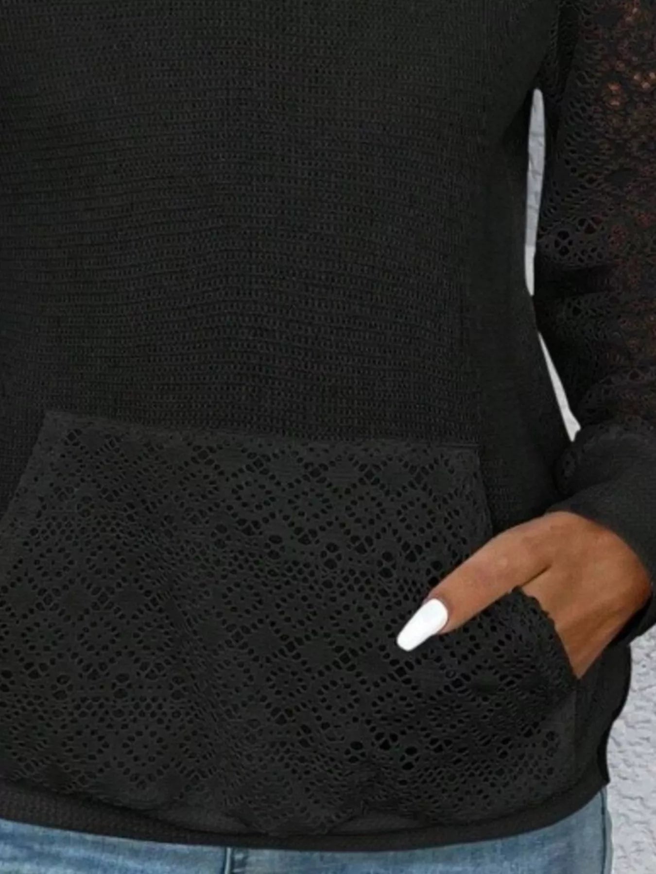 Lace sleeve hoodie with a kangaroo pocket in a stretchy polyester blend.