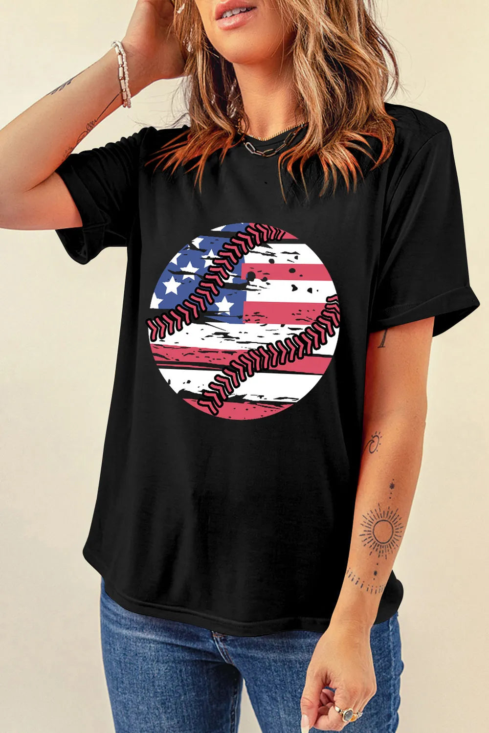US flag short sleeve t-shirt made of a polyester cotton blend with a slightly stretchy fit.