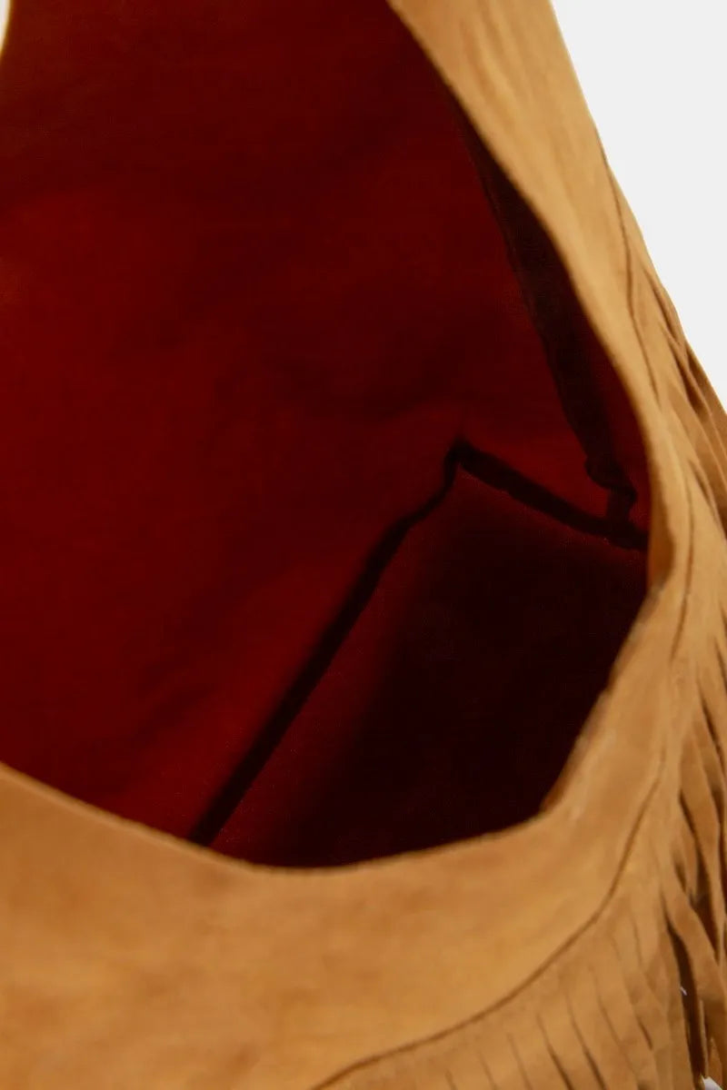 Caramel suede hobo bag with double-layer fringe and wide shoulder strap.