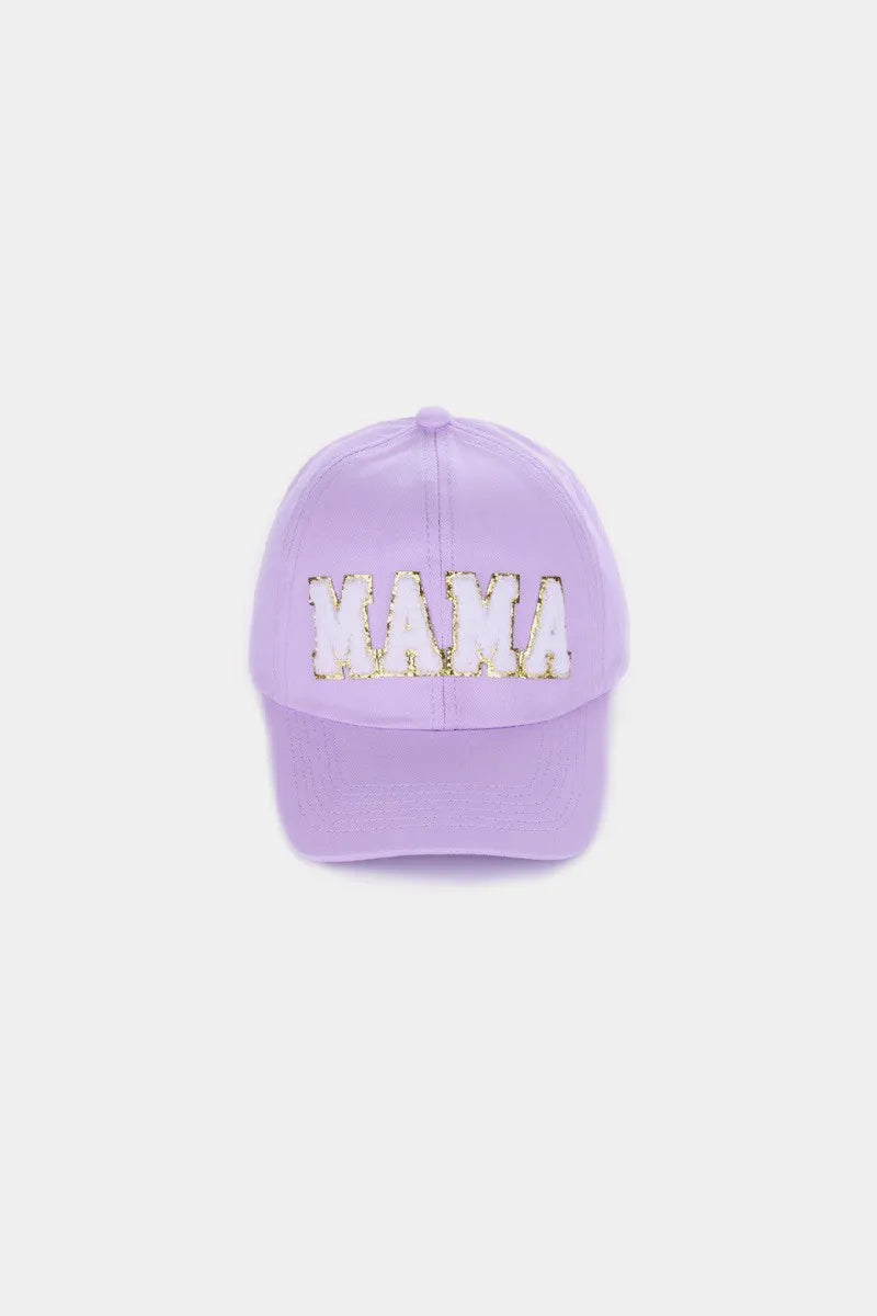 Purple washed cotton baseball cap with white chenille "MAMA" patch.