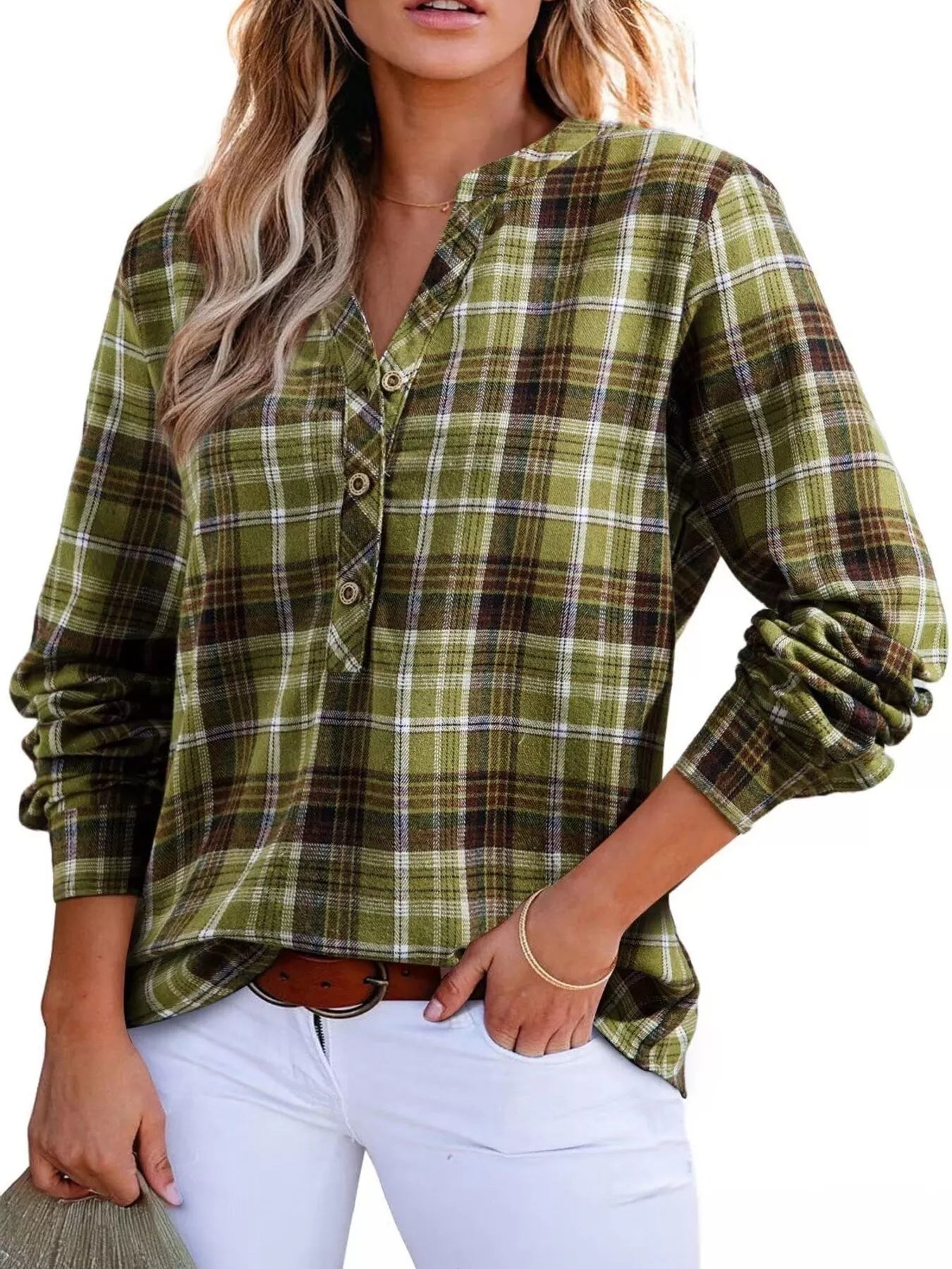 Plaid long sleeve blouse with half button front in polyester blend fabric