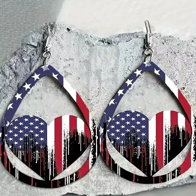 Wooden earrings featuring a US flag pattern with alloy accents, measuring 3.9 inches long.
