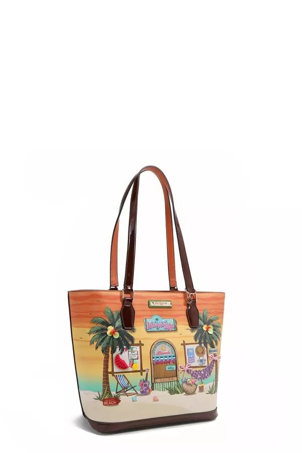Nicole Lee USA tropical beach house print vegan leather shopper bag with palms and hammocks.
