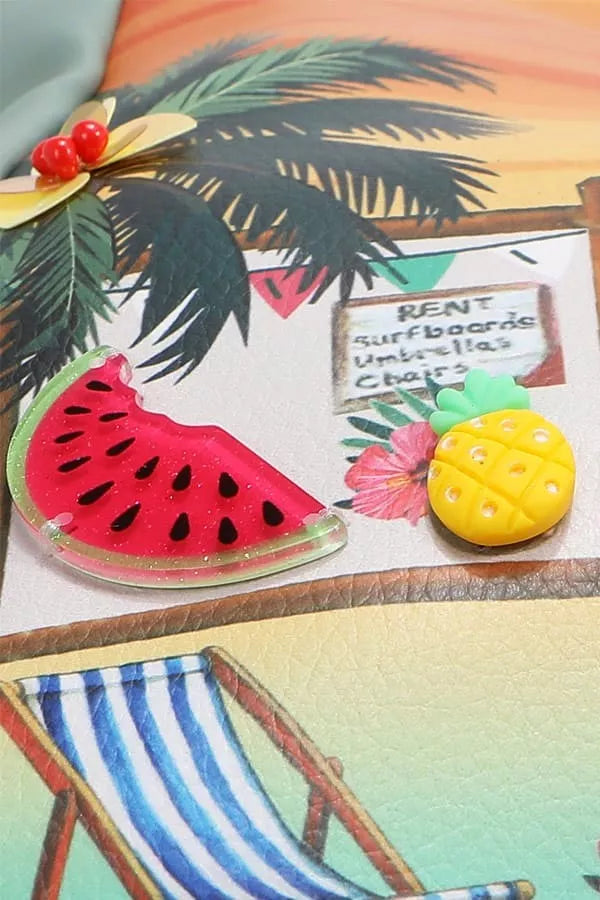 Nicole Lee USA tropical beach house print vegan leather shopper bag with fruit embellishments.