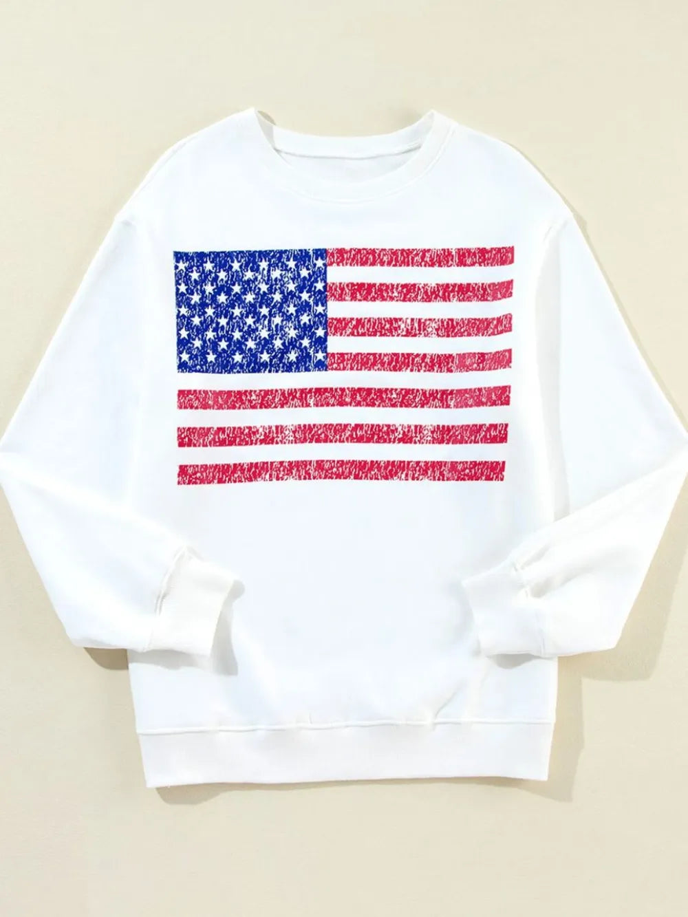 Long sleeve sweatshirt with US flag design, round neck, and slightly stretchy cotton blend.