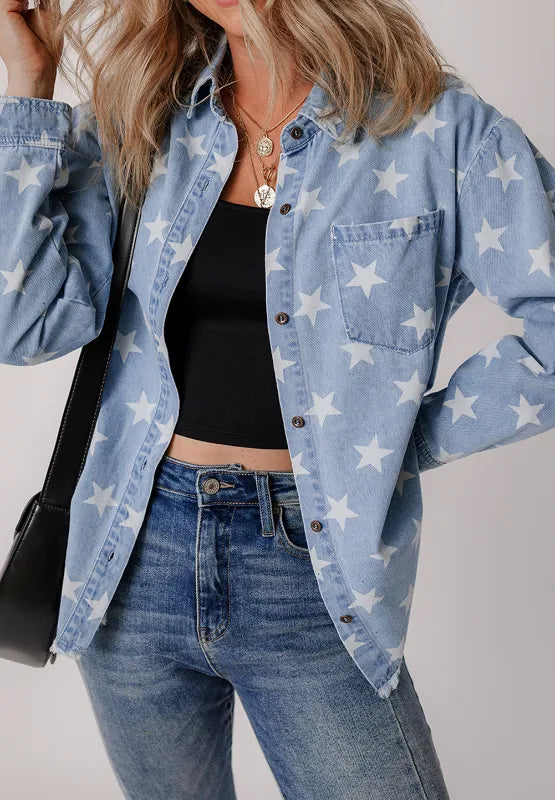 Denim top with raw hem and star collar made of cotton blend fabric in blue color