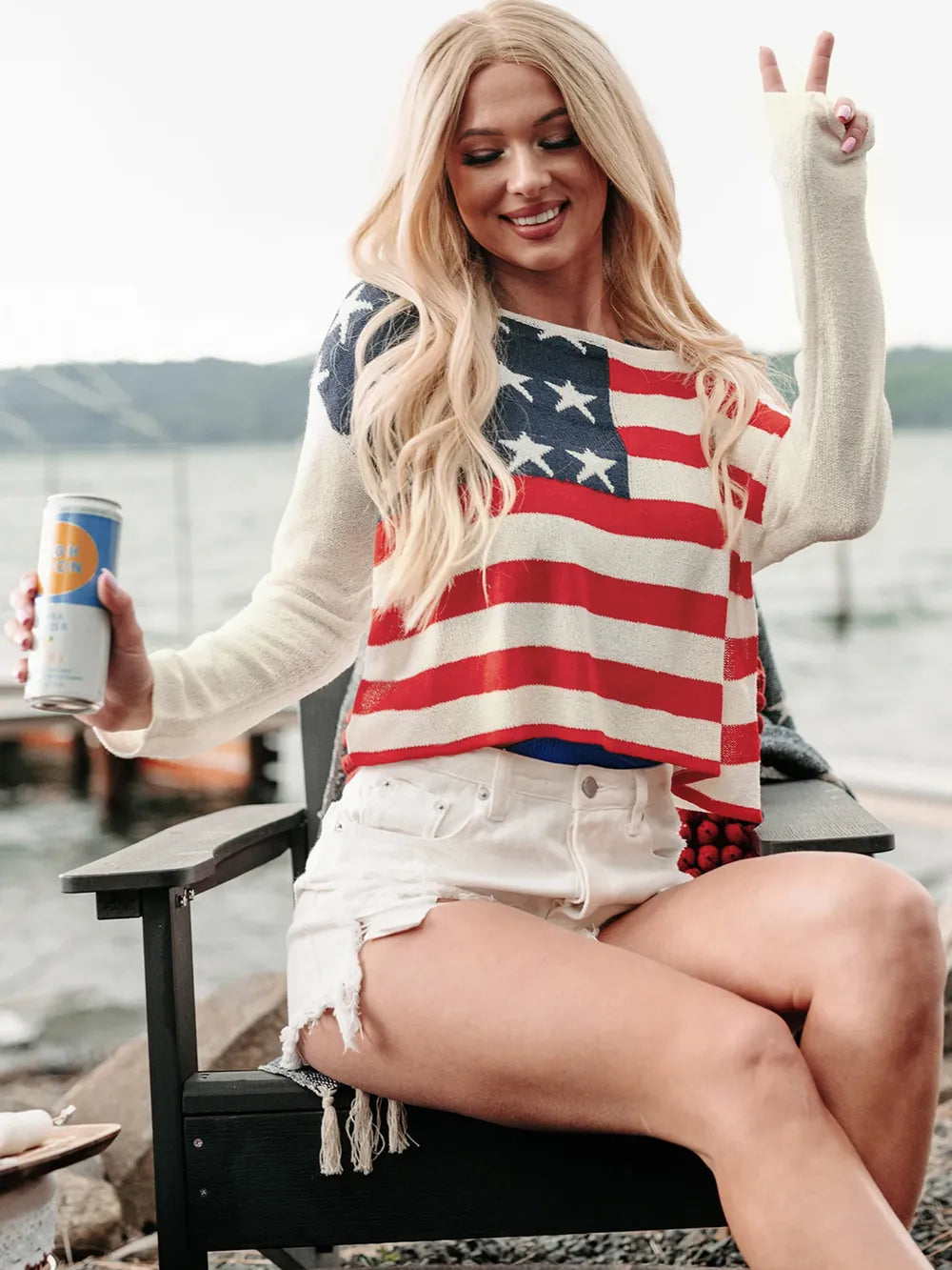 Perfee US flag long sleeve boat neck knit top in acrylic with slight stretch