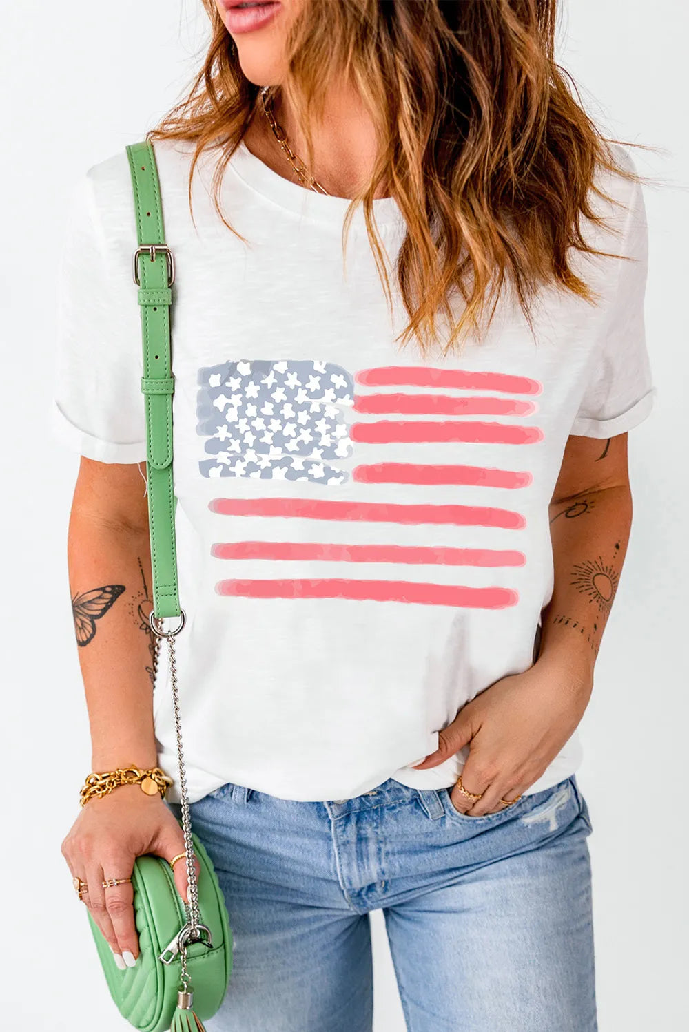 Short sleeve T-shirt with US flag print in polyester cotton blend fabric