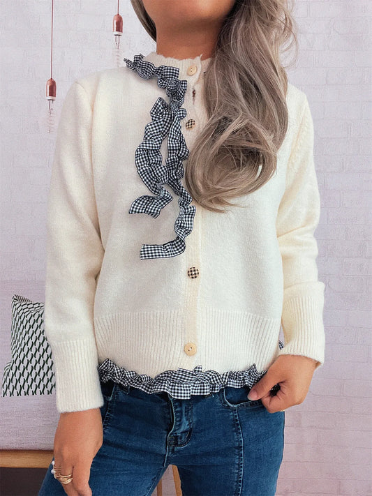White and black gingham cardigan with ruffle trim and buttons made of stretchy polyester