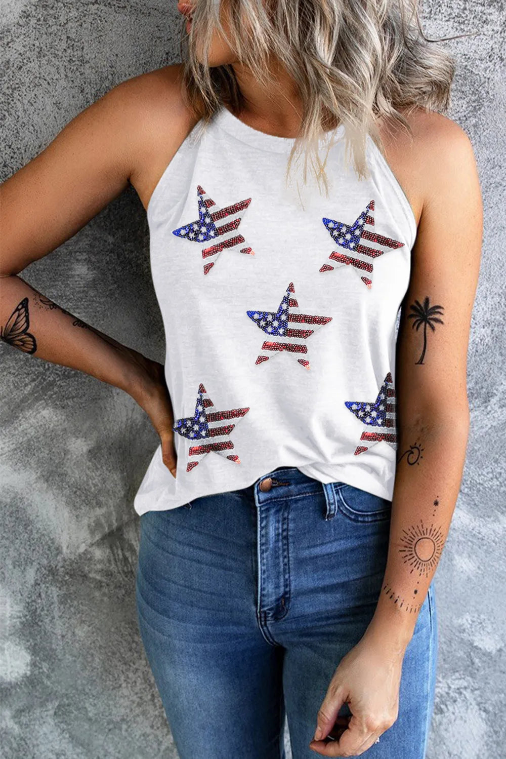Sheer tank top with US flag design and sequin embellishments in a polyester blend.
