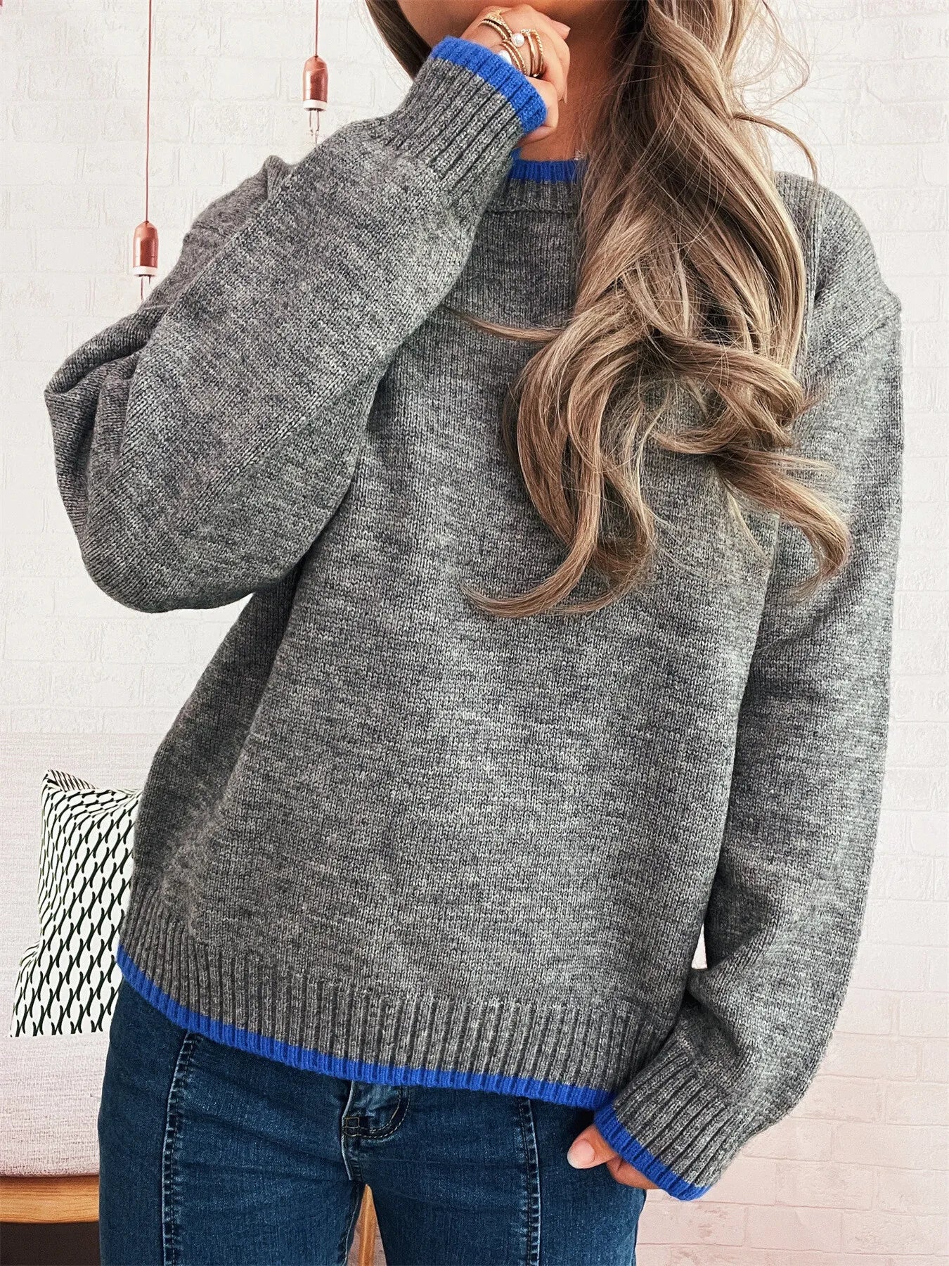 Trendsi ribbed long sleeve sweater with contrast trim in black polyester fabric