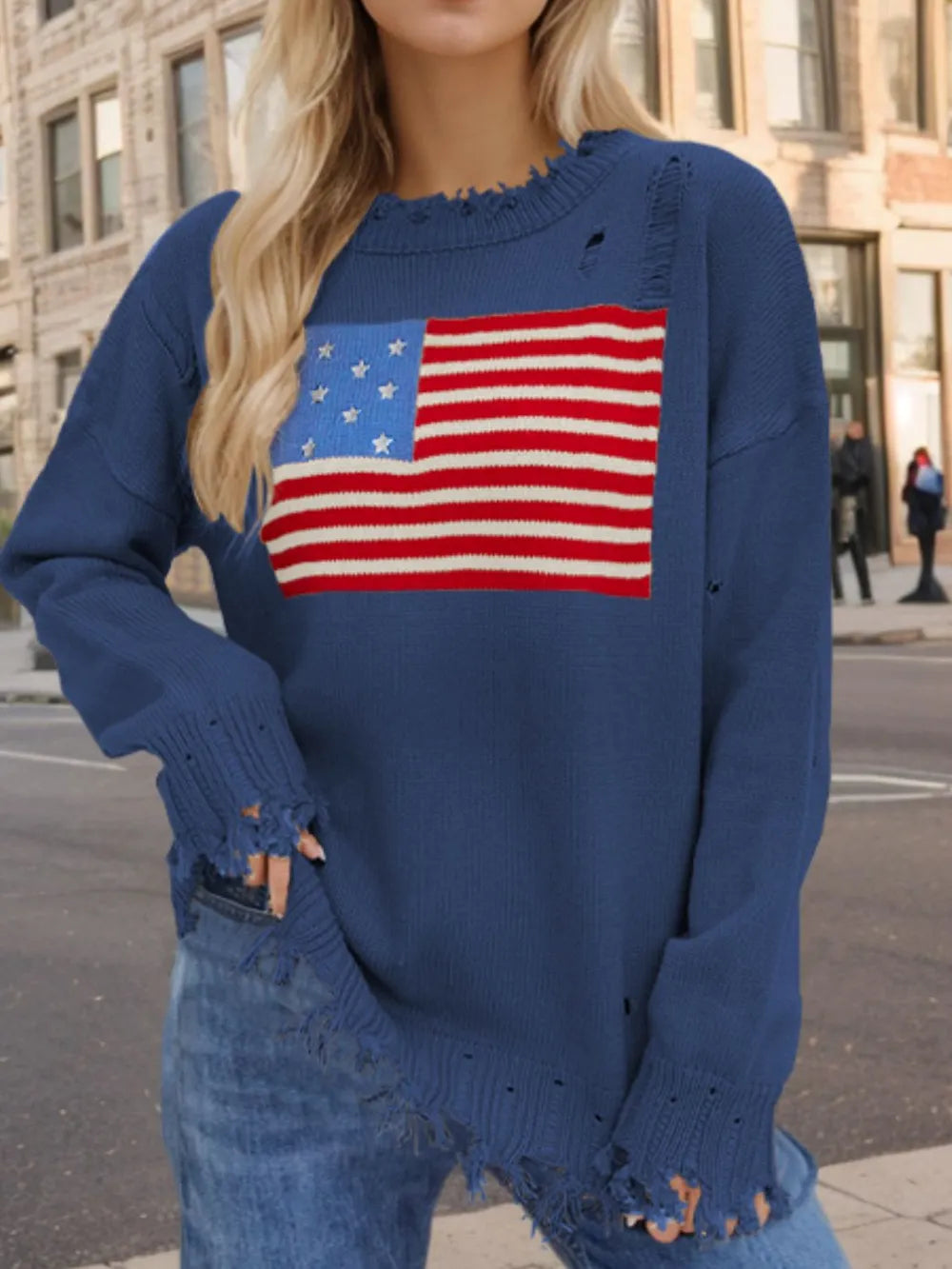 Round neck long sleeve sweater with distressed US flag print in acrylic fabric