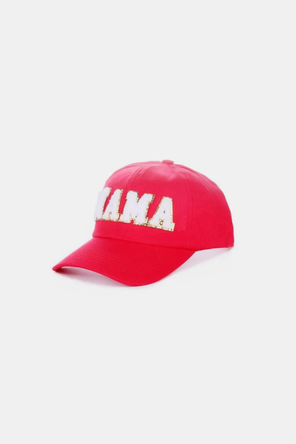 Red washed cotton baseball cap with white chenille "MAMA" patch.