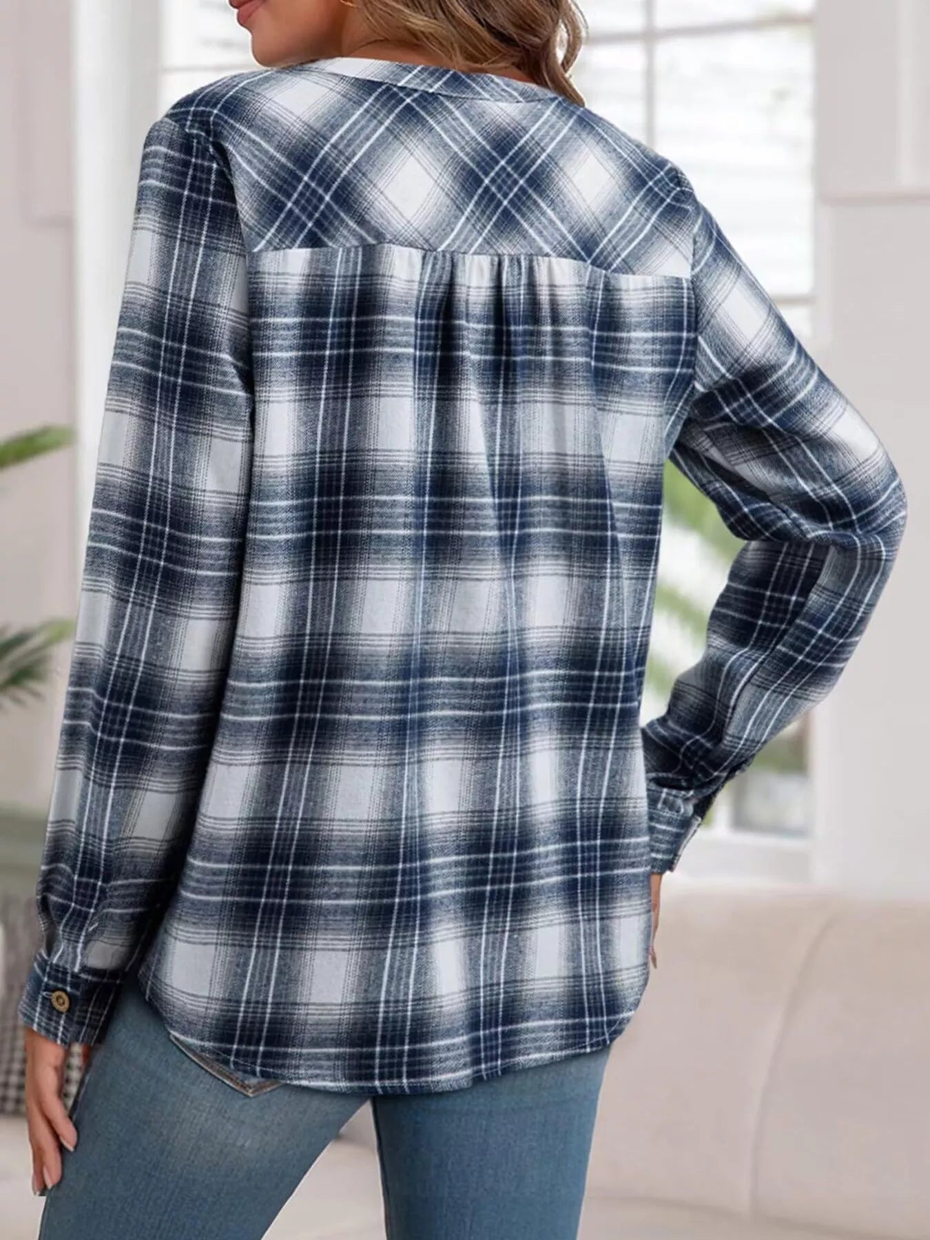Plaid long sleeve blouse with half button front in polyester blend fabric