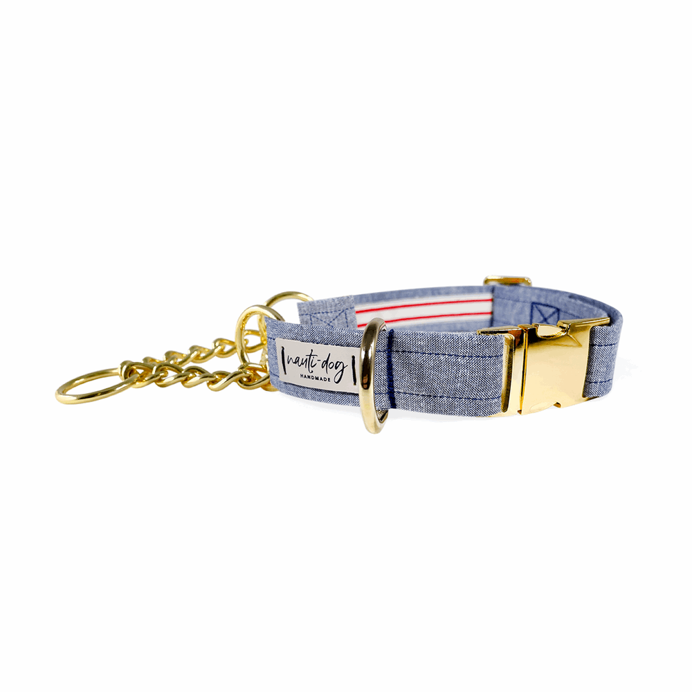 Chambray fabric dog collar with gold buckle and chain martingale limiter in blue and white colors.