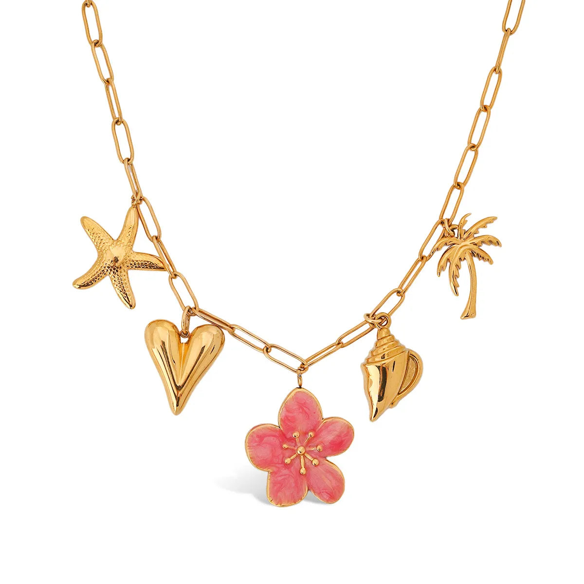 Gold-toned chain necklace with pink resin flower, heart, starfish, palm tree, and seashell pendants.
