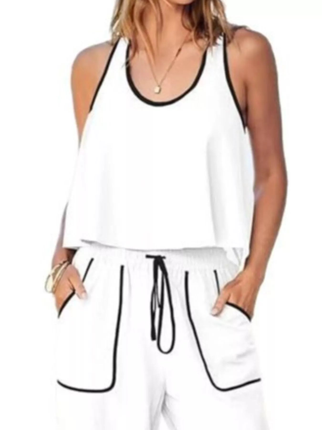 Two-piece tank top and pants set with contrast trim and drawstring waist in polyester spandex blend