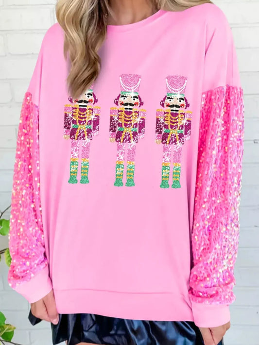 Long sleeve sweatshirt with sequins, designed for comfort and festive style.
