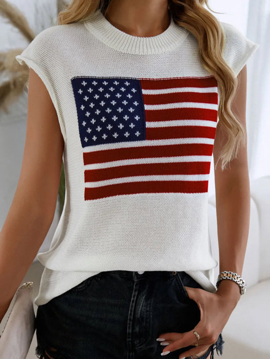 Red, white, and blue US flag sweater vest with a round neck and moderate stretch.