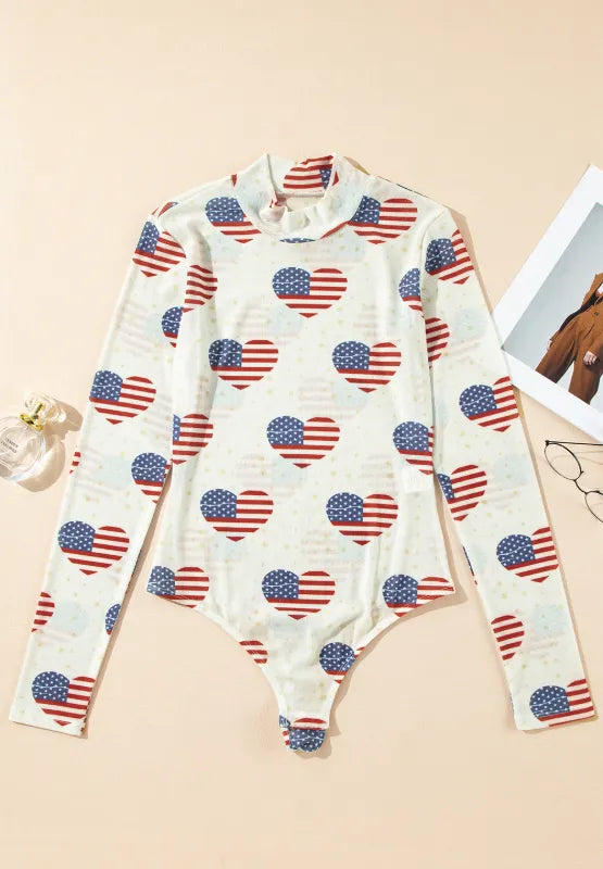 Sheer long sleeve bodysuit with US flag heart design and mock neck in black mesh fabric