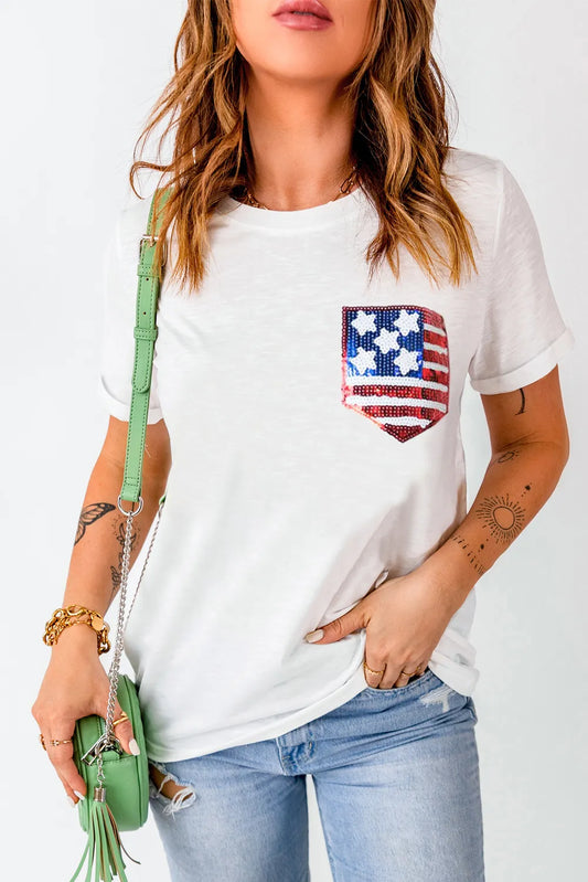 Short sleeve t-shirt featuring a US flag design in a polyester cotton blend.