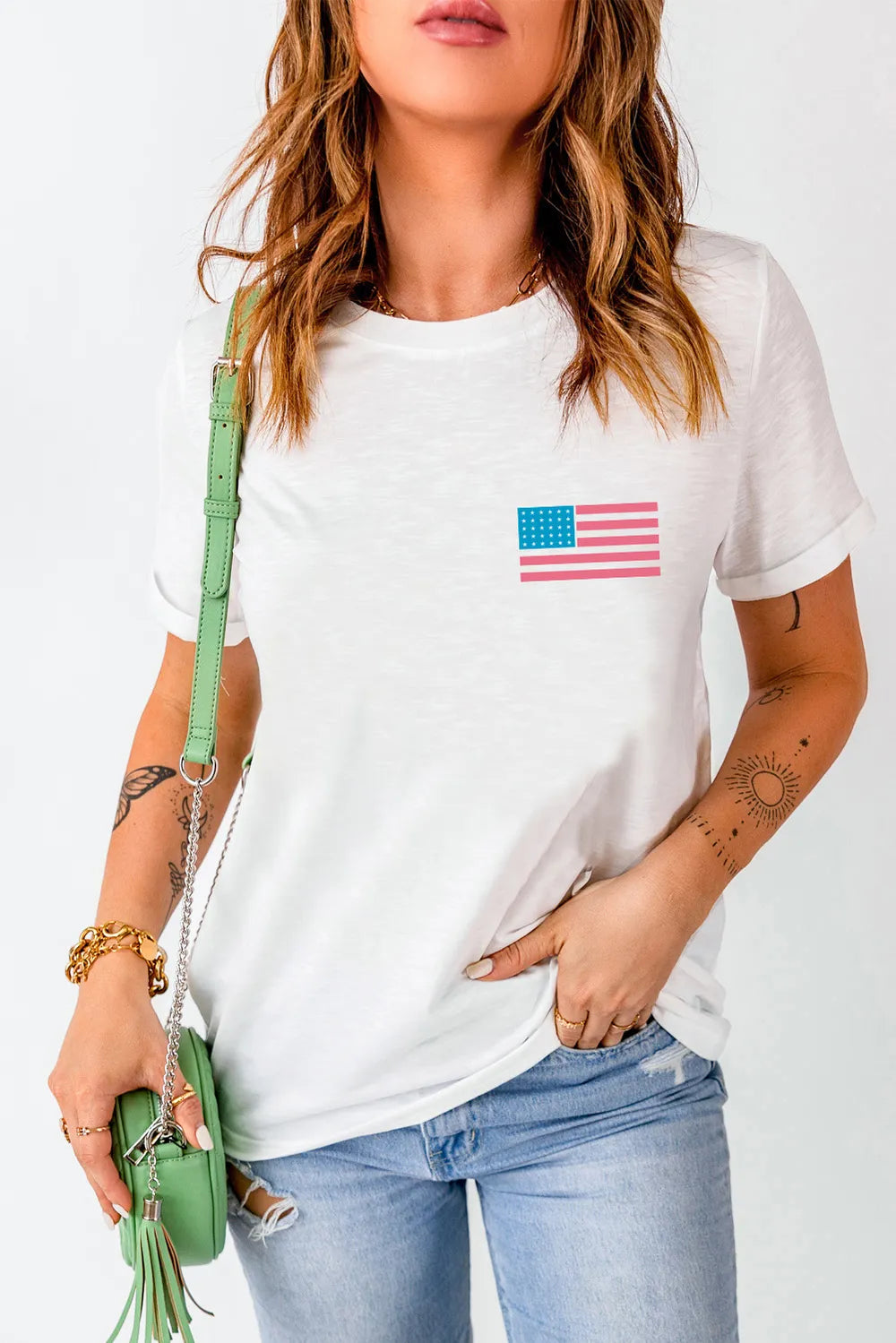 Short sleeve t-shirt featuring a US flag design in a polyester cotton blend.