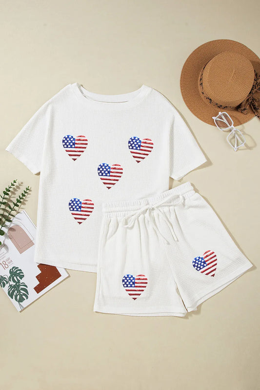 Two-piece set with US flag sequins, round neck top and matching shorts in coastal style