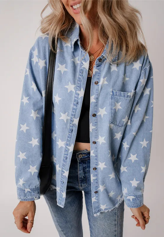 Denim top with a raw hem and star collar, made from a cotton blend.