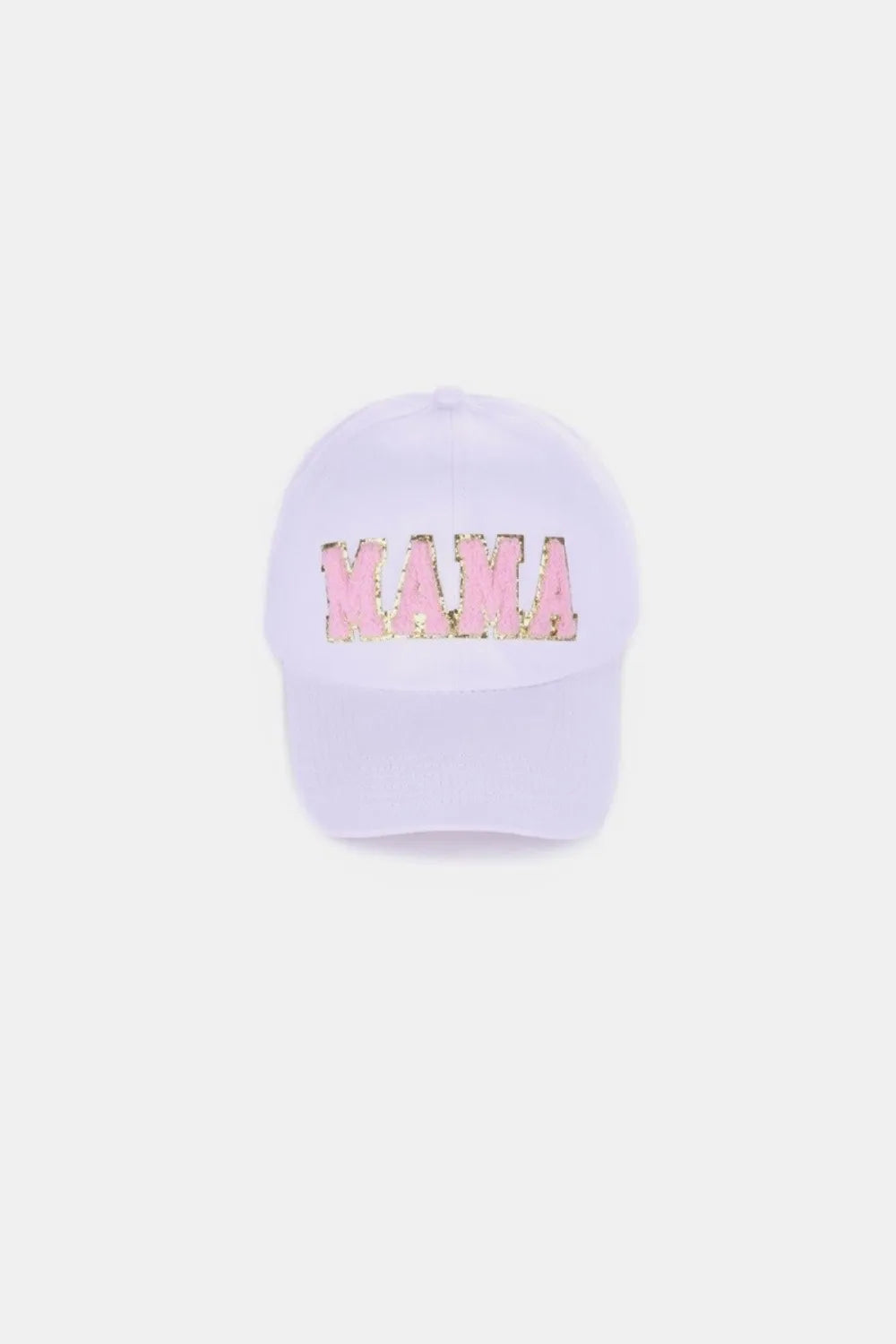 White washed cotton baseball cap with pink chenille "MAMA" patch.