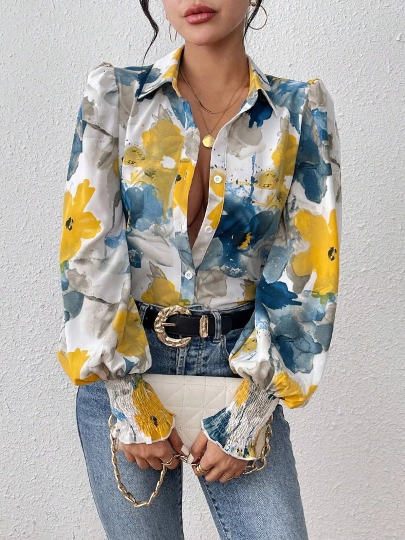 Printed button-up shirt with lantern sleeves made of polyester blend fabric