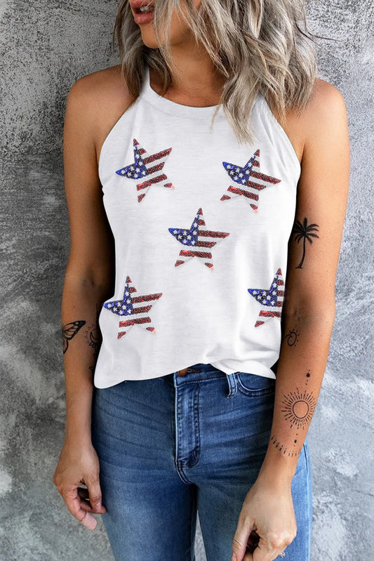 Sheer polyester blend tank top with US flag sequins and Grecian neck design