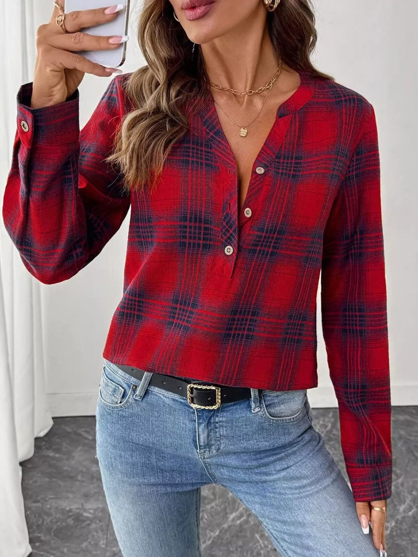 Plaid long sleeve blouse with half button front made of polyester blend fabric