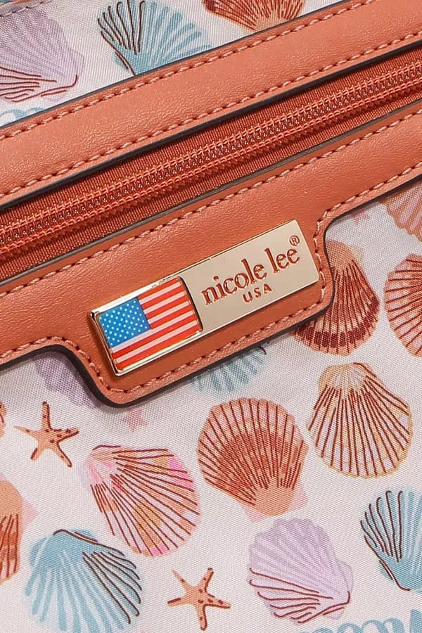 Nicole Lee USA vegan leather shopper bag with tropical beach house print and seashell pattern.