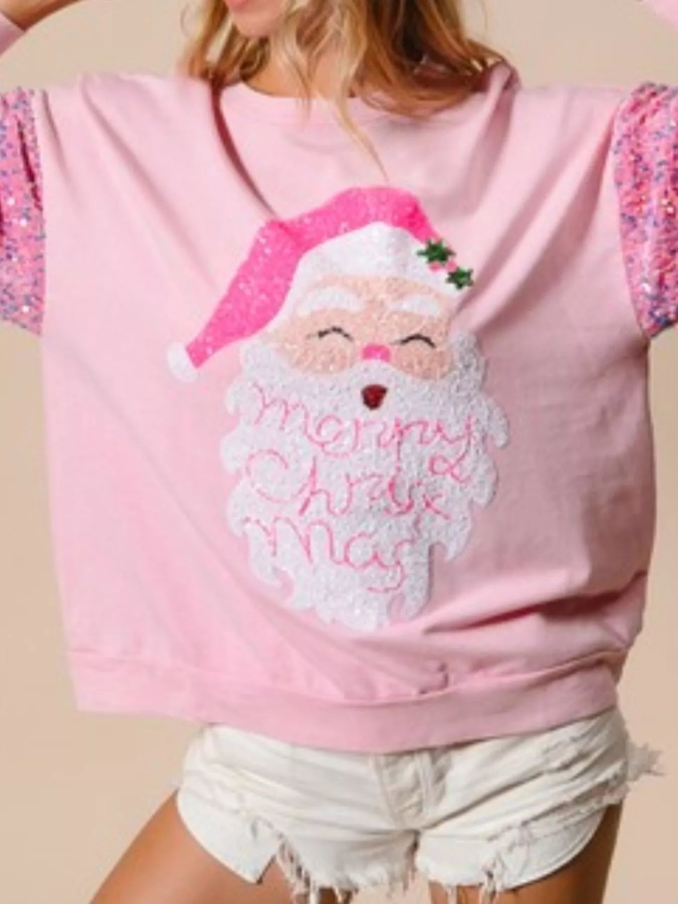 Sequin long sleeve sweatshirt with subtle sparkle and comfortable fit for holiday wear