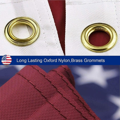 Heavy duty embroidered USA flag made of nylon with brass grommets for outdoor use.