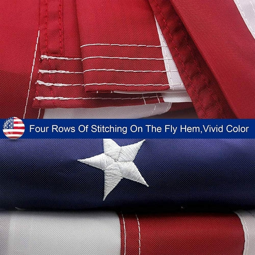 Heavy-duty embroidered USA flag made of nylon with four rows of stitching on the fly hem and vivid colors.